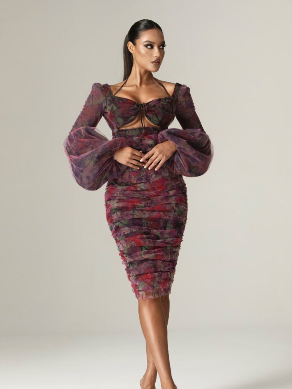 Alieva Bianca Cut-out Ruched Midi Dress (Florals print)